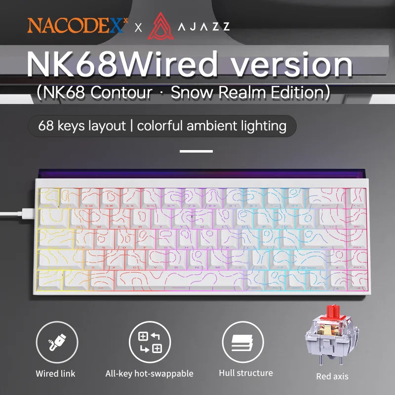 Ajazz NK68 Mechanical Gaming Keyboard full keys Hot-swappable LED strip 68 keycaps wired connection red switches
