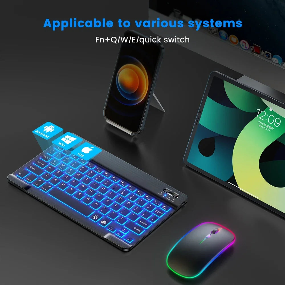 Mini Backlit RGB 10inch Bluetooth Keyboard Wireless mouse Rechargeable for IOS Android Windows,Teclado For iPad Samsung Tablet