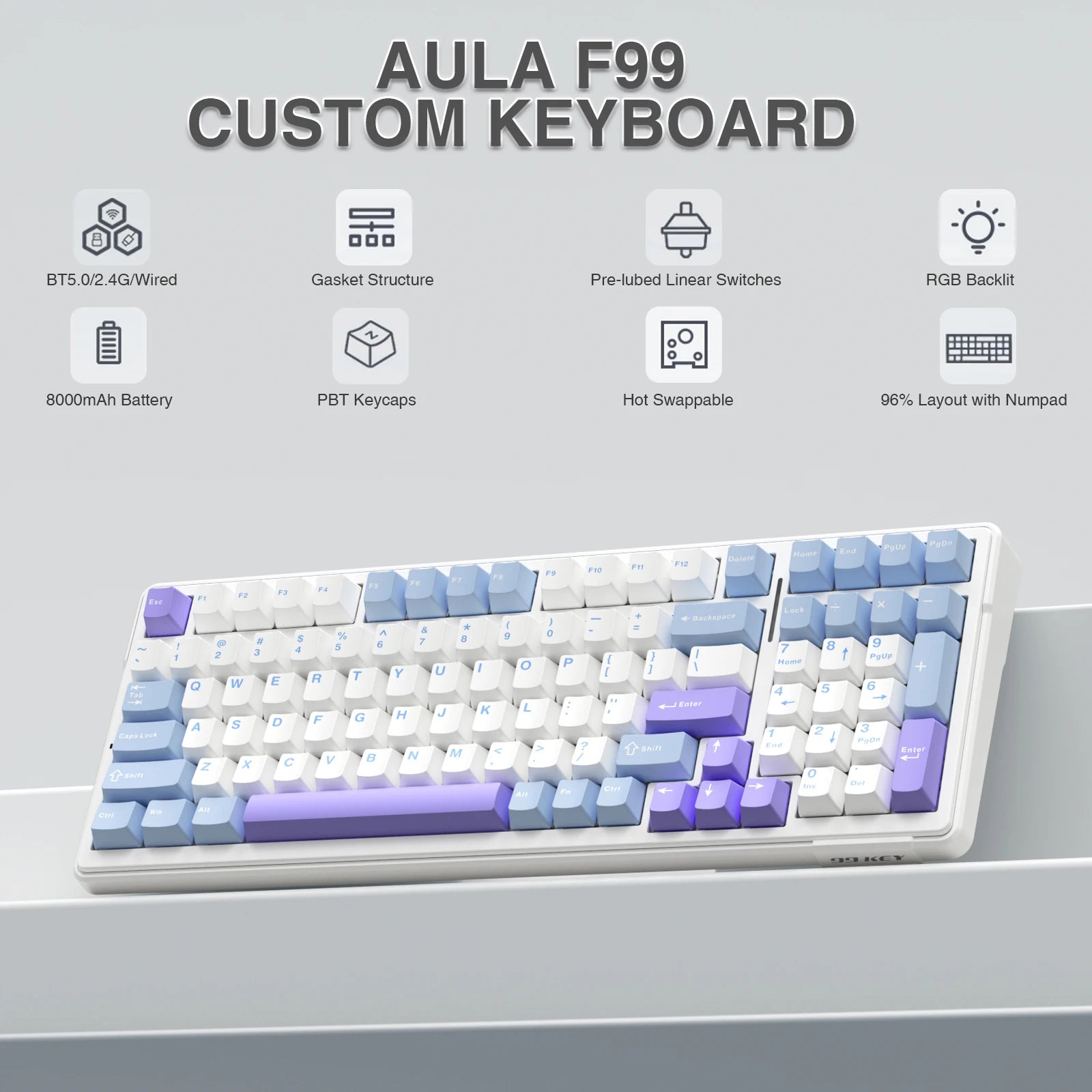 AULA F99 Wireless Mechanical Keyboard Tri-Mode Hot Swappable Custom Keyboard Gasket Structure for PCTabletXboxPS4PS5