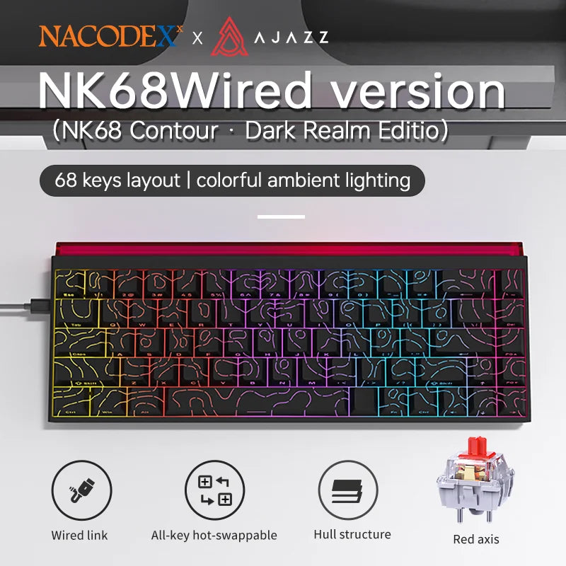 Ajazz NK68 Mechanical Gaming Keyboard full keys Hot-swappable LED strip 68 keycaps wired connection red switches