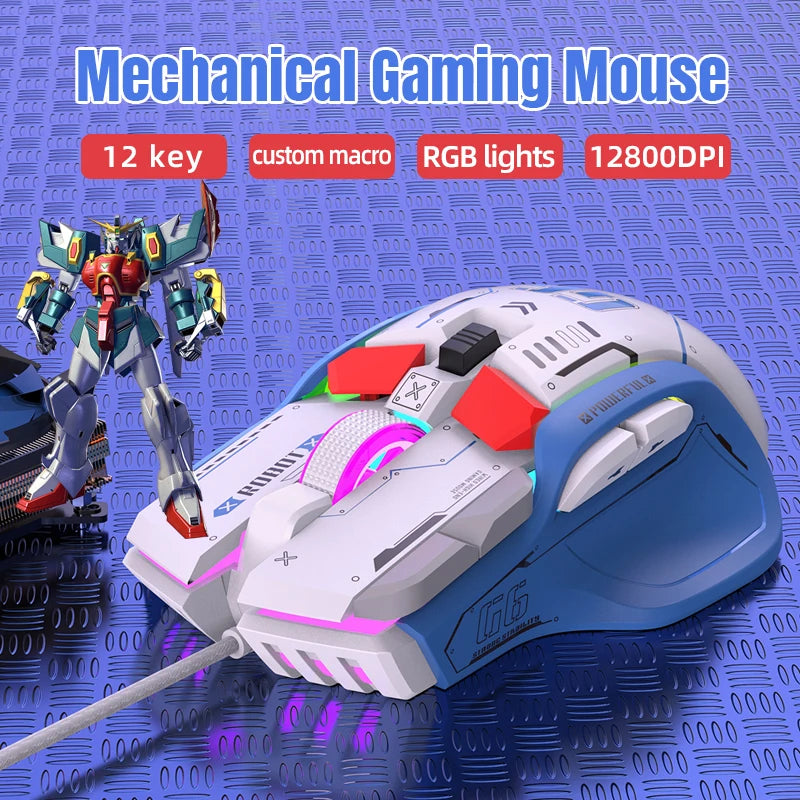 FreeWolf G6 Wired Mechanical Gaming Mouse 12800 DPI RGB Backlit Macro Ergonomic Mecha Design Ergonomic Gaming Office