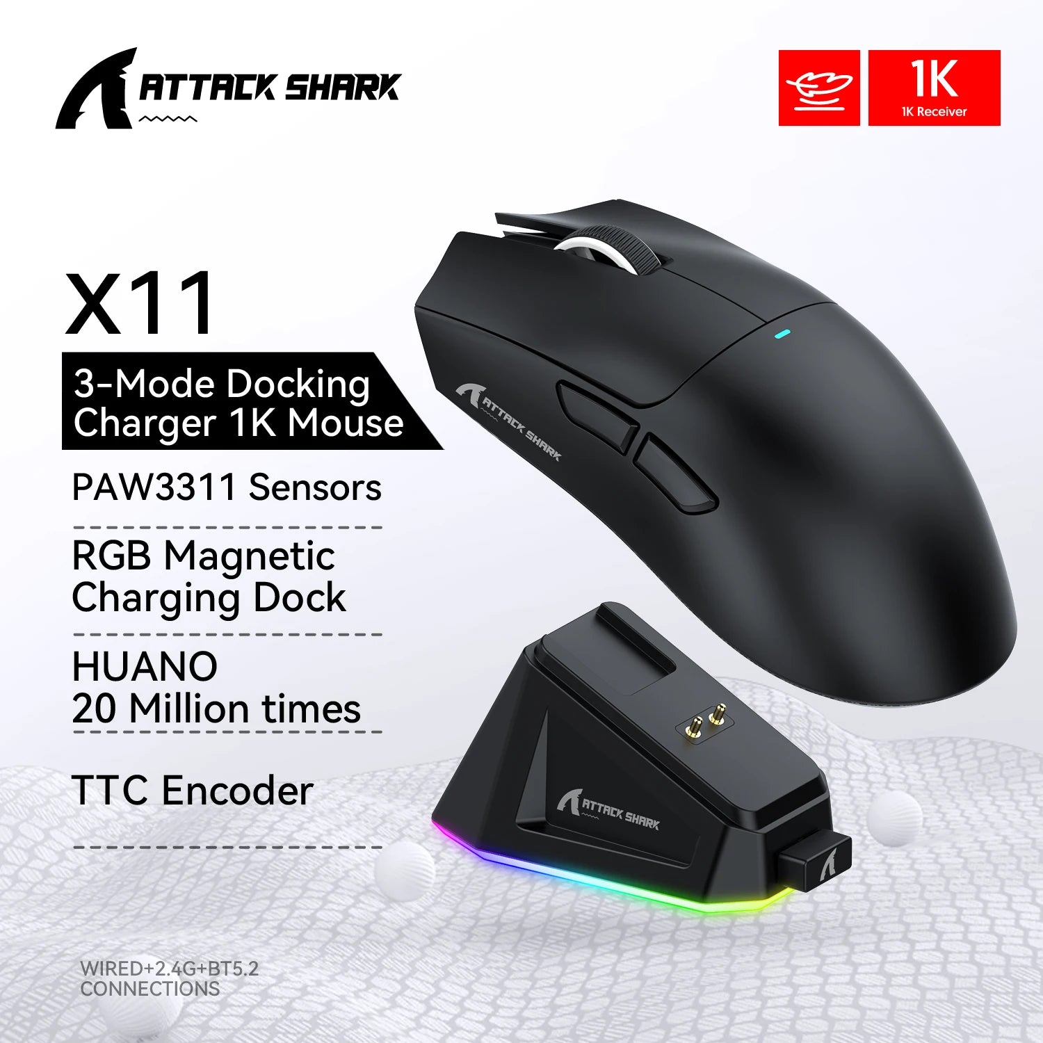 Attack Shark X11 X11se Wireless Gaming Mouse,Bluetooth Tri-Mode Connection, PixArt PAW3311,Touch Magnetic Charging Base