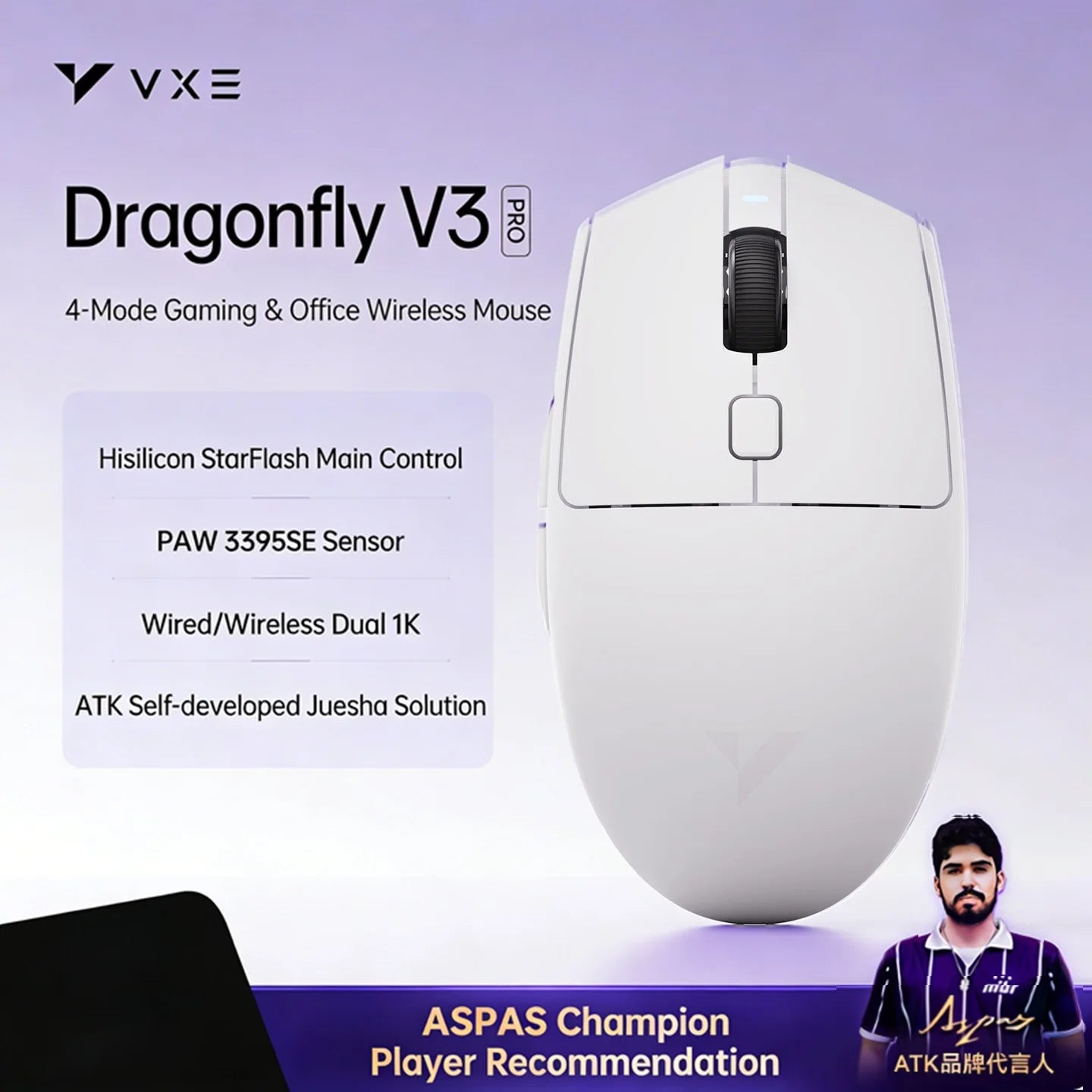 ATK VXE Dragonfly V3 Pro Wireless E-sports Mouse 4-Mode PAW3395SE/XHero AI Sensor Ergonomic Lightweight Gaming Office Mouse