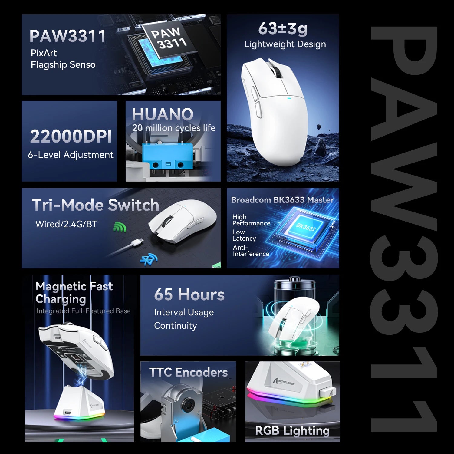 Attack Shark X11 X11se Wireless Gaming Mouse,Bluetooth Tri-Mode Connection, PixArt PAW3311,Touch Magnetic Charging Base