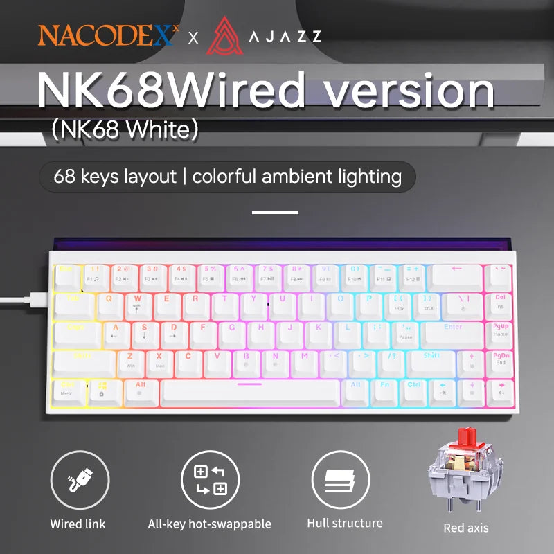 Ajazz NK68 Mechanical Gaming Keyboard full keys Hot-swappable LED strip 68 keycaps wired connection red switches