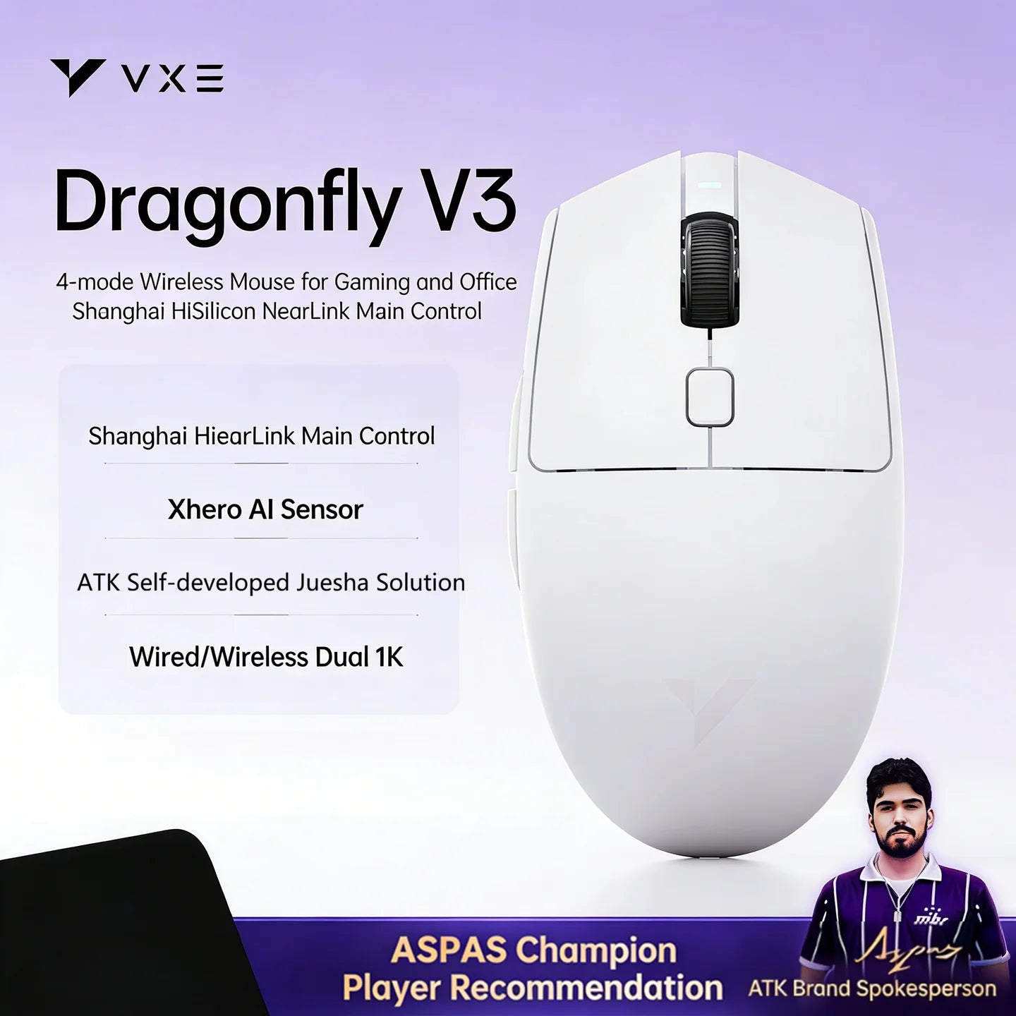 ATK VXE Dragonfly V3 Pro Wireless E-sports Mouse 4-Mode PAW3395SE/XHero AI Sensor Ergonomic Lightweight Gaming Office Mouse